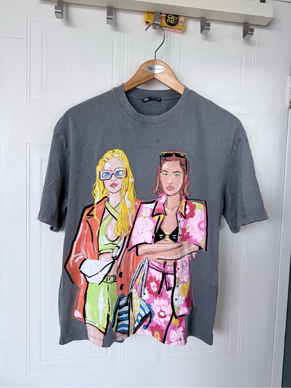 Zara Gray Tee with Colorful Illustrated Duo